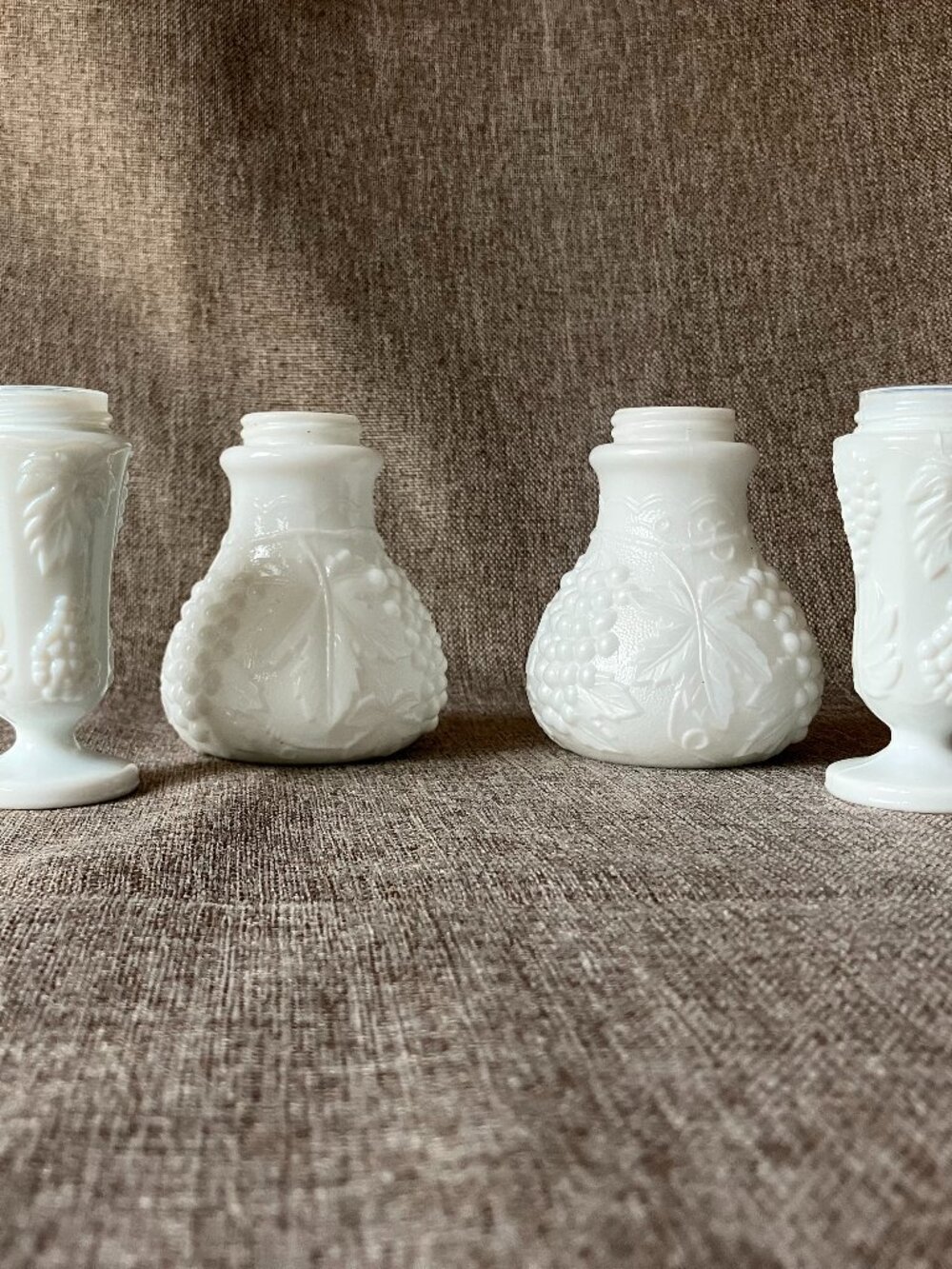 2 Sets Vintage Imperial Milk Glass with Grape & Vine Pattern Salt & Pepper Shake